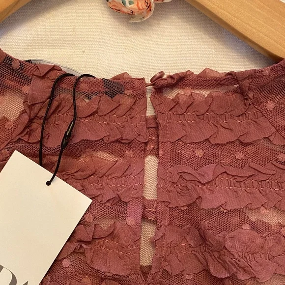 Zara ruffled sheer, pink/mauve long sleeve blouse boho-size L, NWT Easter color - Picture 7 of 10